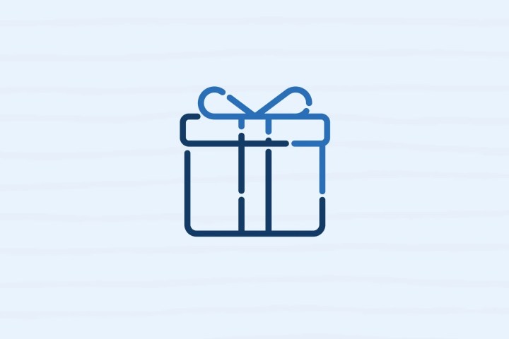 Blue outline of a gift box with a ribbon on a light background.