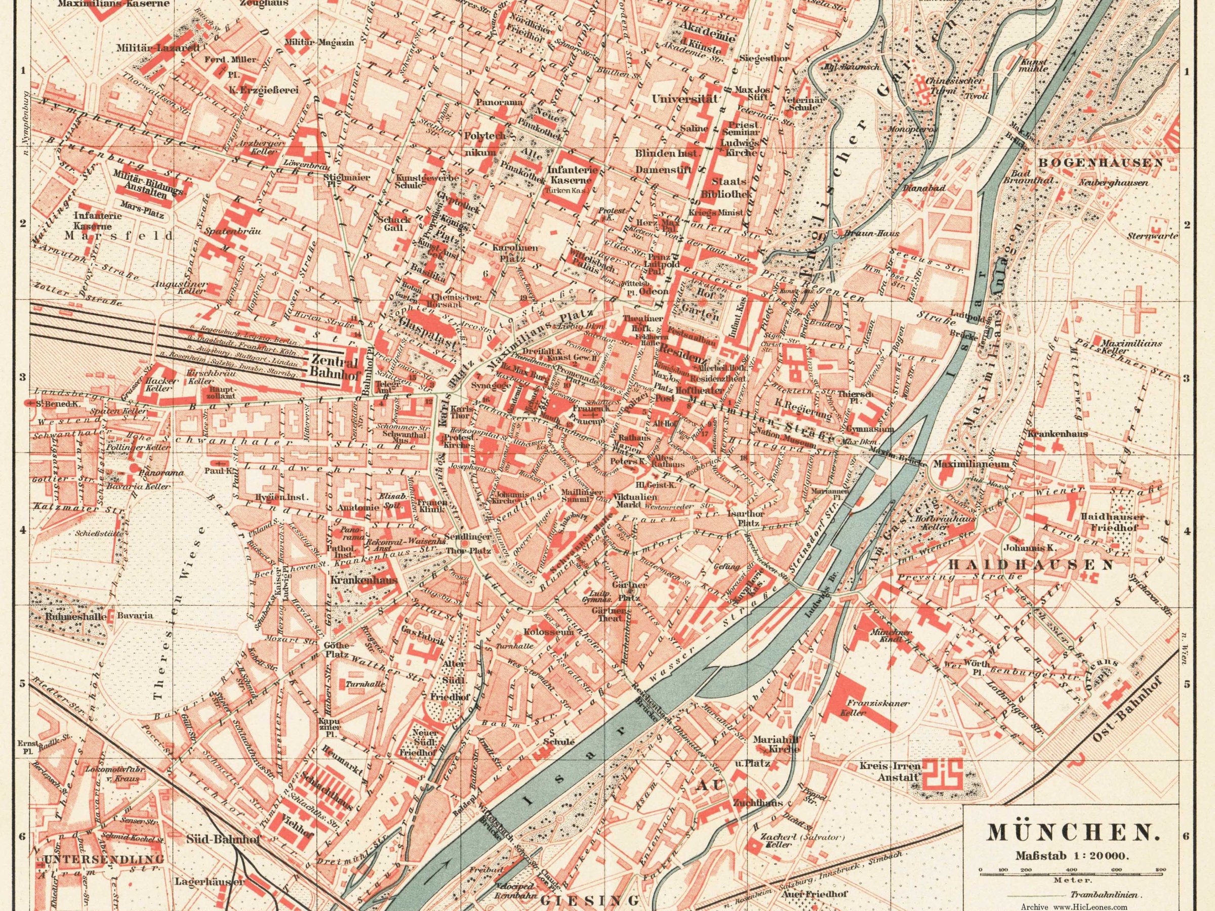 Vintage map of Munich, showing streets, rivers, and landmarks in red and beige tones.