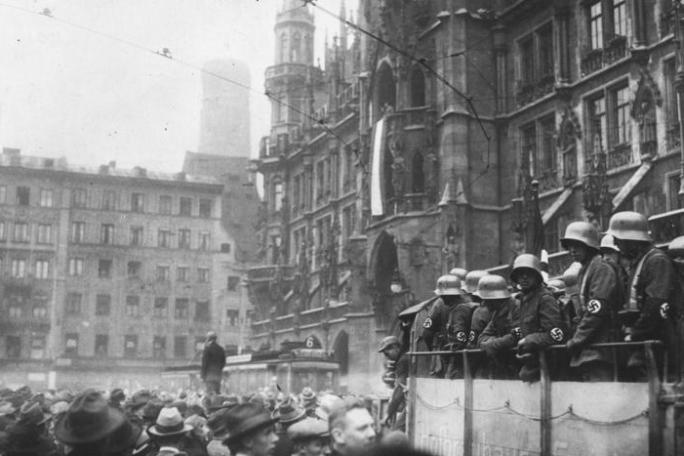 Marienplatz with truckload of Nazi soldiers