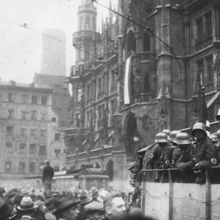 Marienplatz with truckload of Nazi soldiers