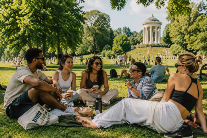 Group of people sitting on grass enjoying a picnic in the English Garden on the Hangover Tour.