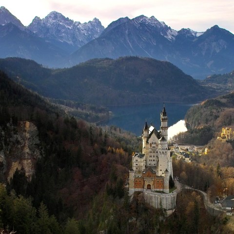 Neuschwanstein Castle in Bavaria, Germany, view from Marienbrücke
