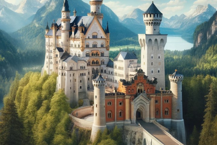 Majestic castle surrounded by trees and mountains under a clear blue sky.