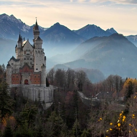 Neuschwanstein castle surrounded by misty mountains and trees in autumn colors.