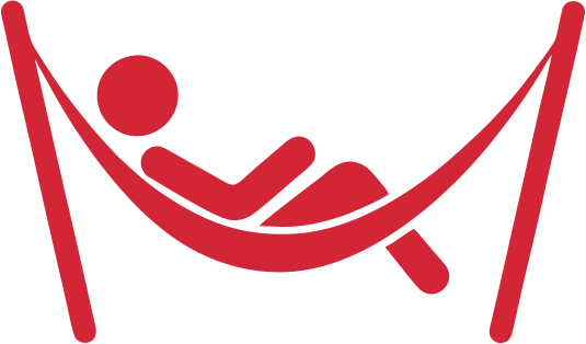 Red icon of a person relaxing in a hammock.