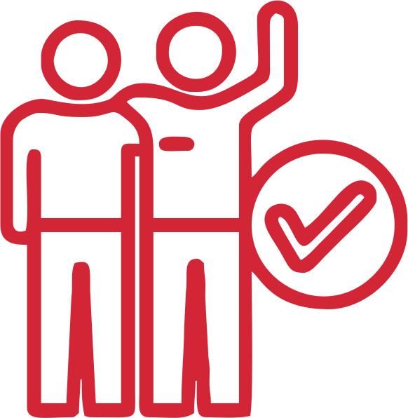 Two outlined figures with one raising a hand and a checkmark in a circle next to them.