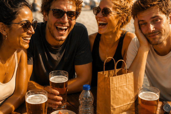 Four hungover friends laughing and drinking beer at a sunny outdoor table in Munich on tour.