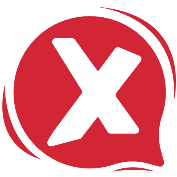 White letter X inside a red speech bubble.