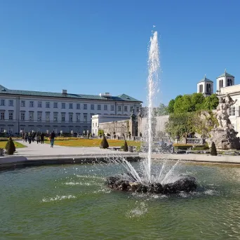 Fountain and formal gardens at Mirabell Palace in Salzburg