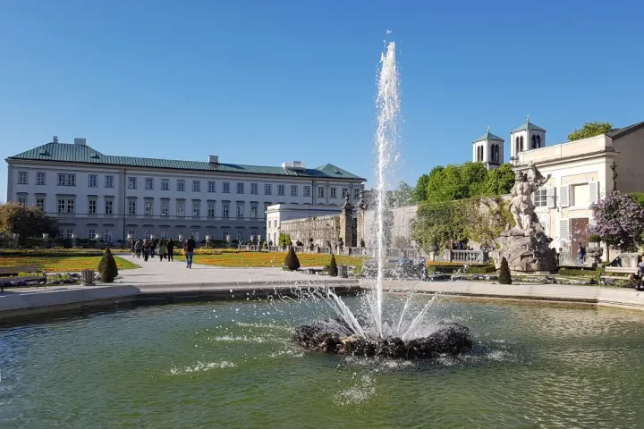 Fountain and formal gardens at Mirabell Palace in Salzburg