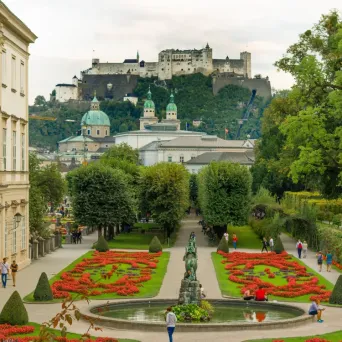 Mirabell Gardens with Hohensalzburg Fortress overlooking Salzburg