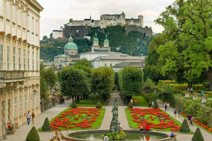 Mirabell Gardens with Hohensalzburg Fortress overlooking Salzburg