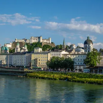 Salzburg skyline and Hohensalzburg Fortress viewed from the Salzach River