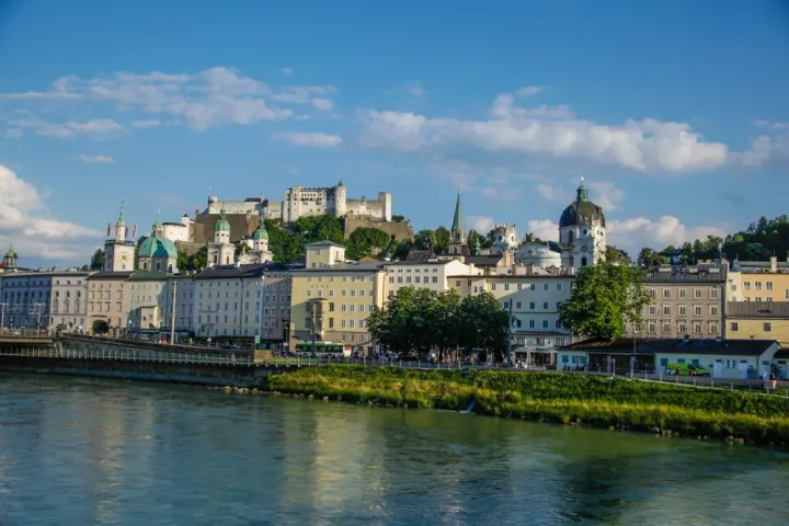 Salzburg skyline and Hohensalzburg Fortress viewed from the Salzach River