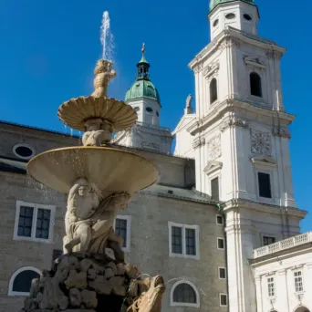 Residenz Fountain and Salzburg Cathedral in Salzburg's historic Old Town