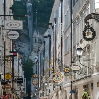 Historic Getreidegasse shopping street in Salzburg Old Town