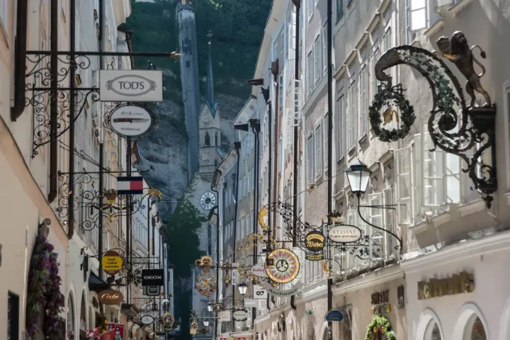 Historic Getreidegasse shopping street in Salzburg Old Town