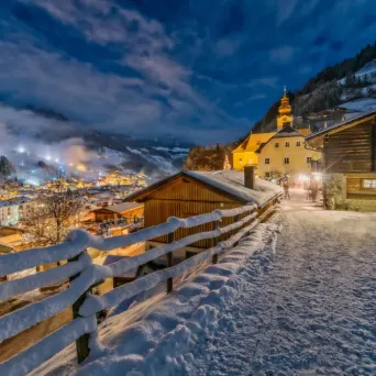 Snow-covered winter evening overlooking the Austrian Alps near Salzburg
