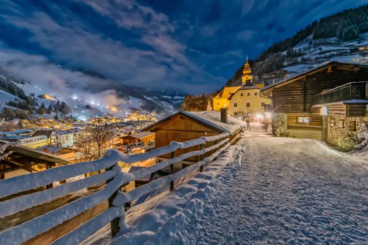 Snow-covered winter evening overlooking the Austrian Alps near Salzburg