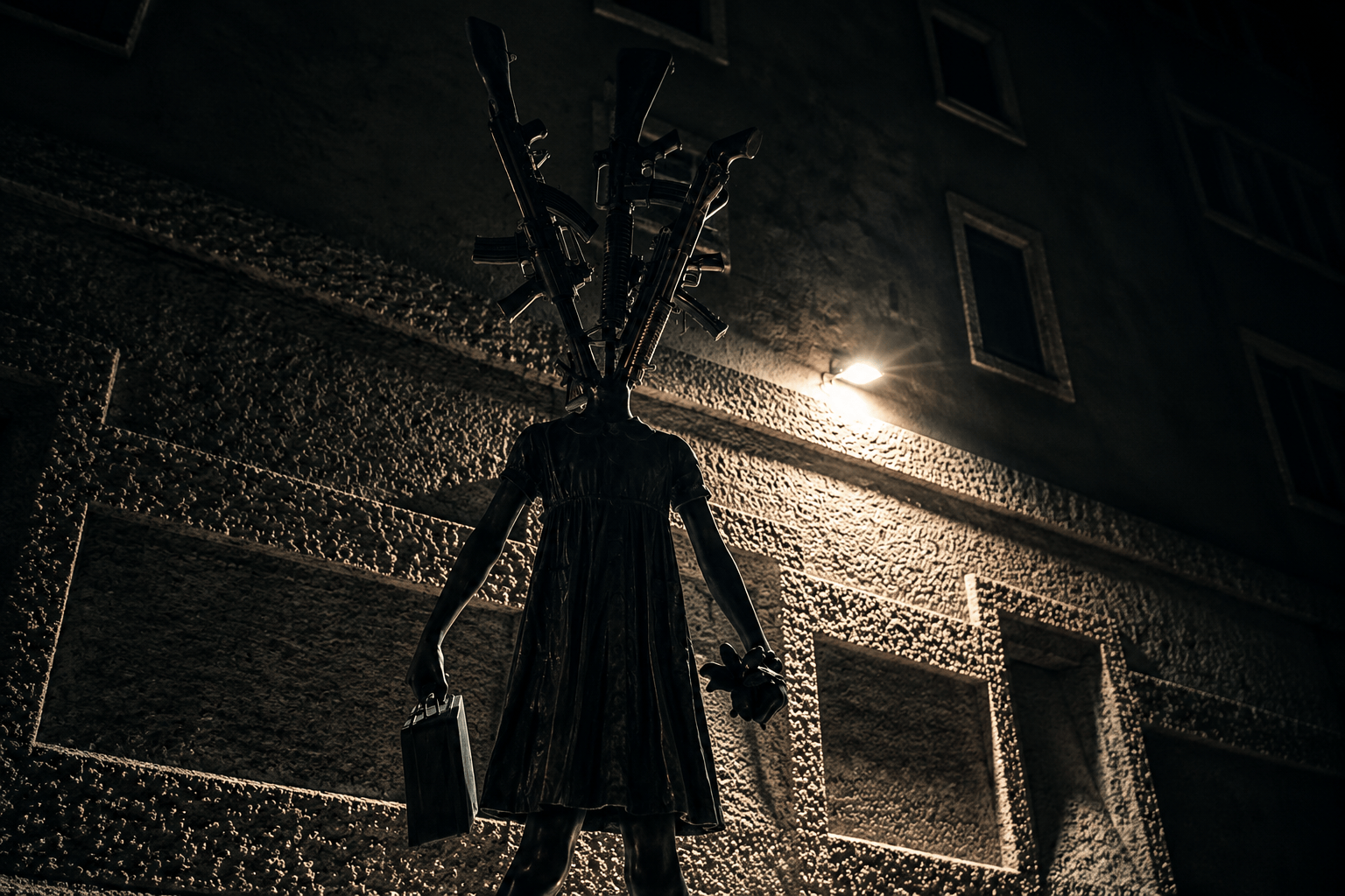 Dark statue of figure with branch-like head holding a bag, under dim streetlight.