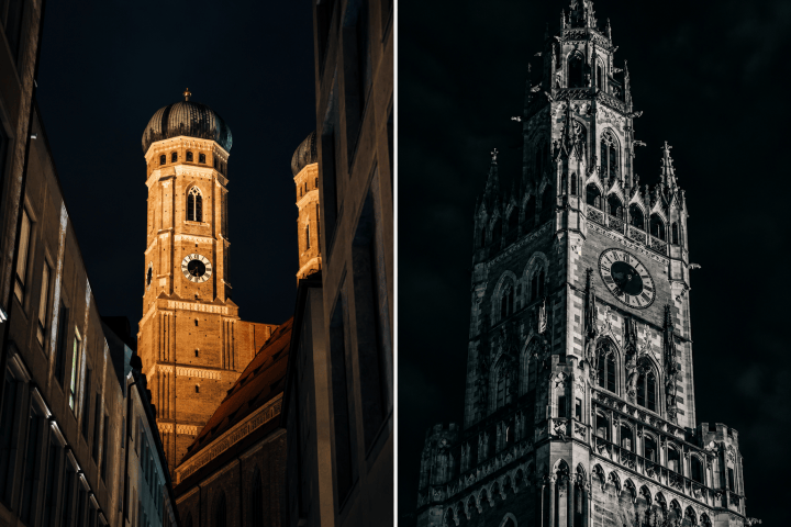 Two towers: left with domes at night, right is a clock tower in black and white.